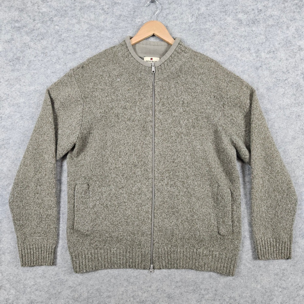 Woolrich Men's Full‎ Zip Knit Cardigan Sweater Grayish Green Size L Wool FLAW